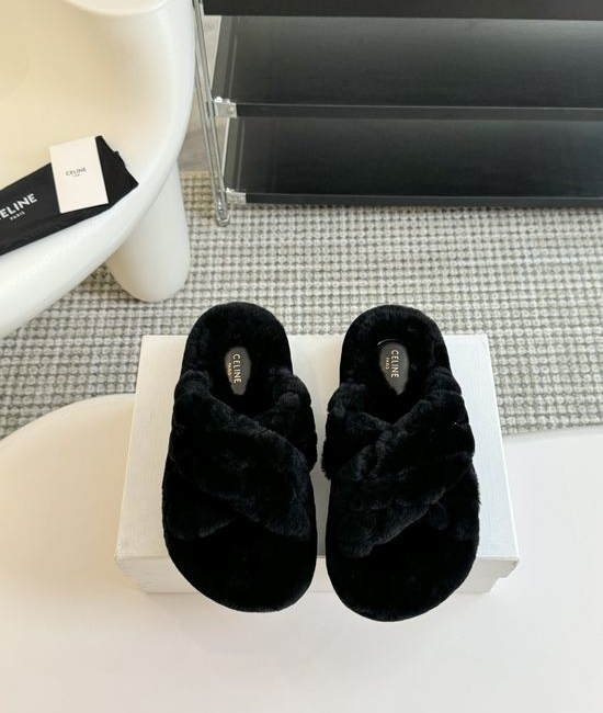 Celine Thick Sole Flip Flop Wool Slippers Wear-resistant Sole