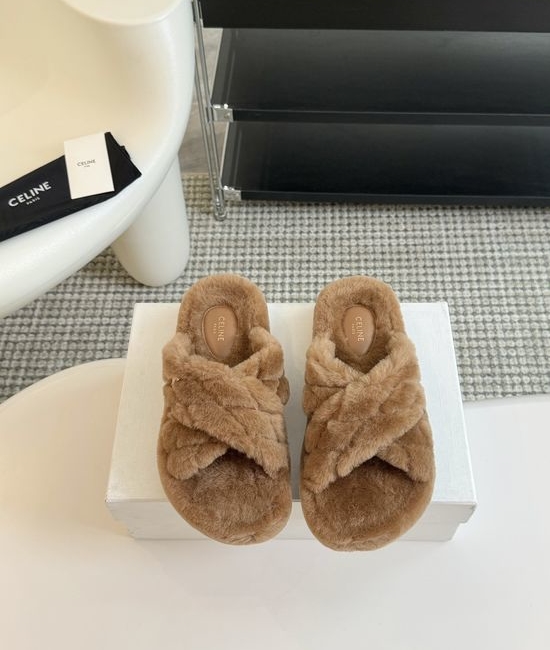 Celine Thick Sole Flip Flop Wool Slippers Wear-resistant Sole