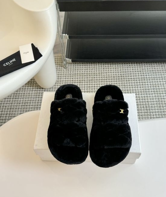 Celine Thick Sole Flip Flop Wool Slippers Wear-resistant Sole