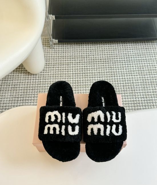 Miu Miu Rhinestone Decor Wool Platform Slippers Non Slip TPU Sole