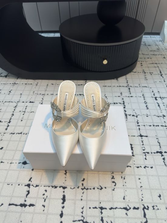 Manolo Blahnik Crystal Buckle Satin High Heel Mule Shoes