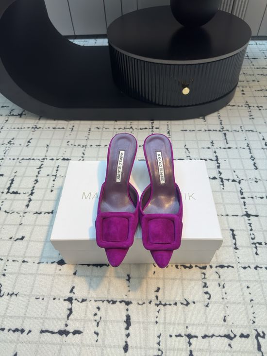 Manolo Blahnik Pointed Toe Buckle Suede Slide with Leather Sole