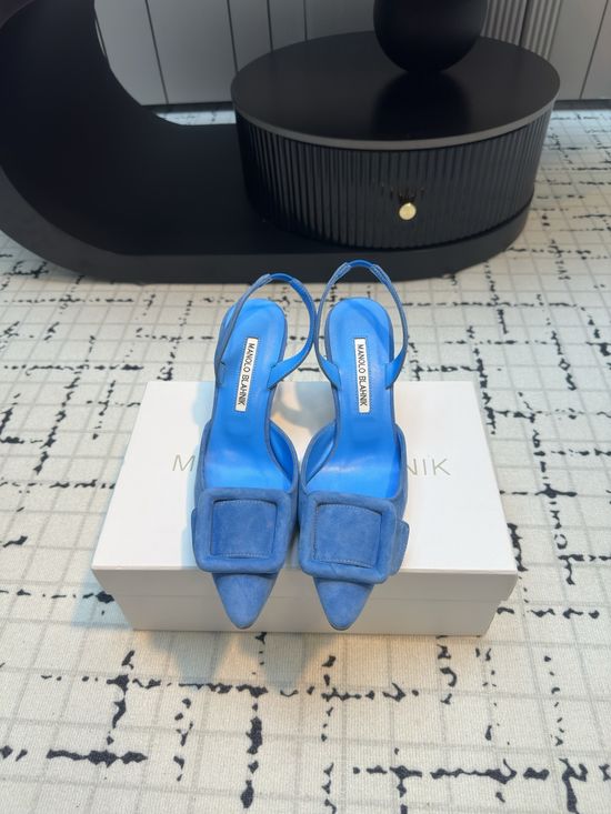 Manolo Blahnik Pointed Toe Buckle Suede Sandal with Leather Sole
