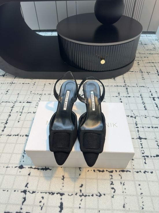 Manolo Blahnik Pointed Toe Buckle Suede Sandal with Leather Sole