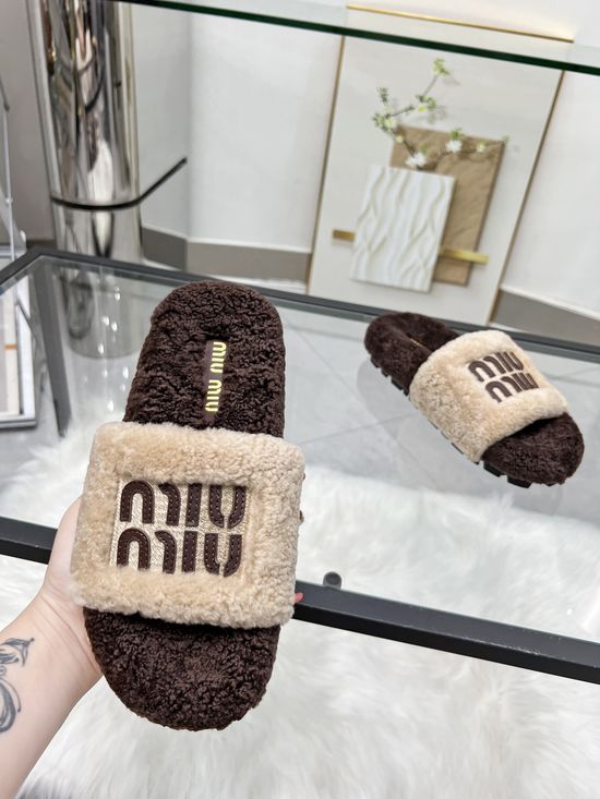 Miu Miu Embroidered Wool Slippers Leather Logo TPU Anti Slip Sole