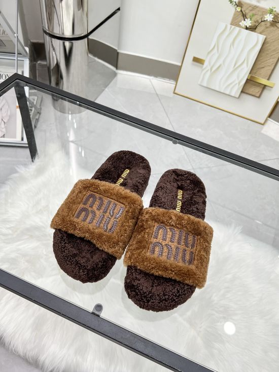 Miu Miu Embroidered Wool Slippers Leather Logo TPU Anti Slip Sole