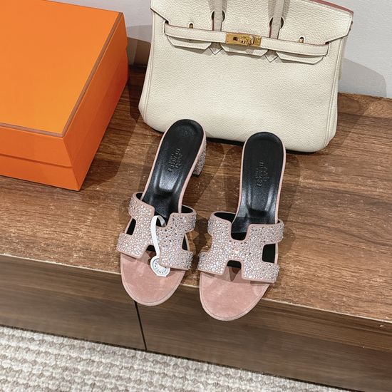 Hermes Diamond-Embellished Mid-Heel Leather Sandals