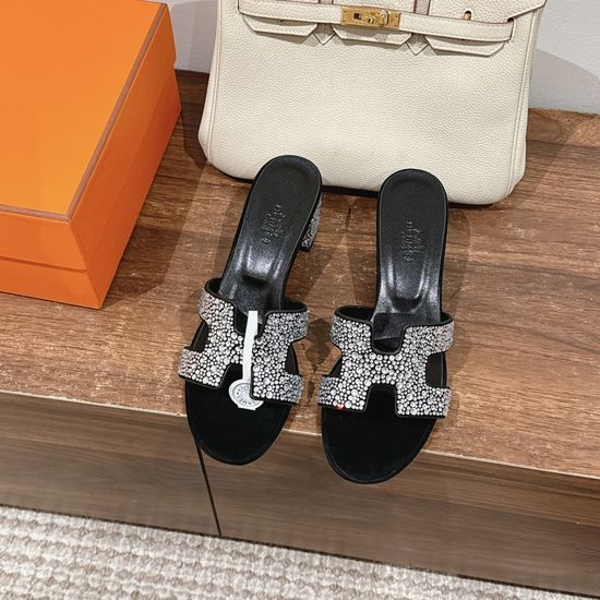 Hermes Diamond-Embellished Mid-Heel Leather Sandals