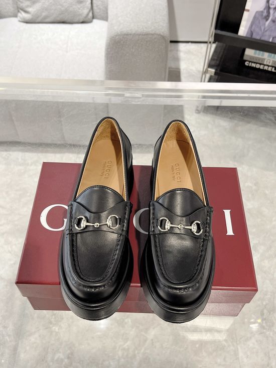 Gucci Premium Leather Horsebit Decor Wedge Heel Loafers