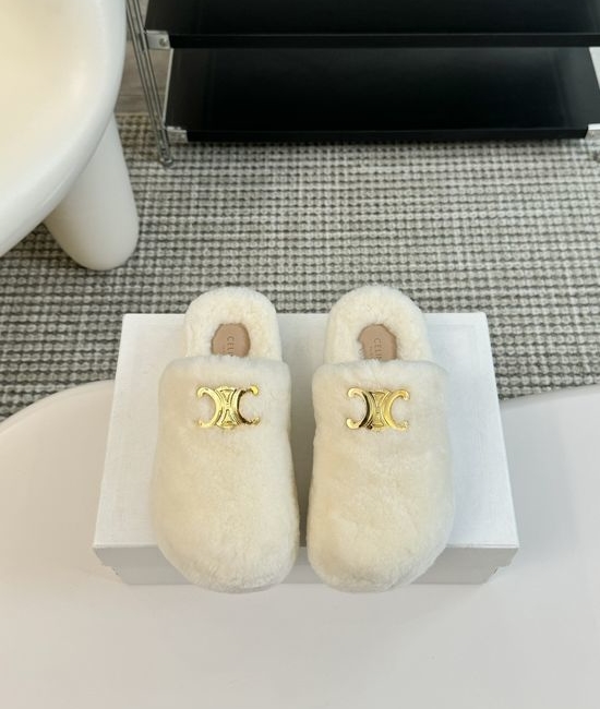 Celine Thick Sole Flip Flop Wool Slippers Wear-resistant Sole