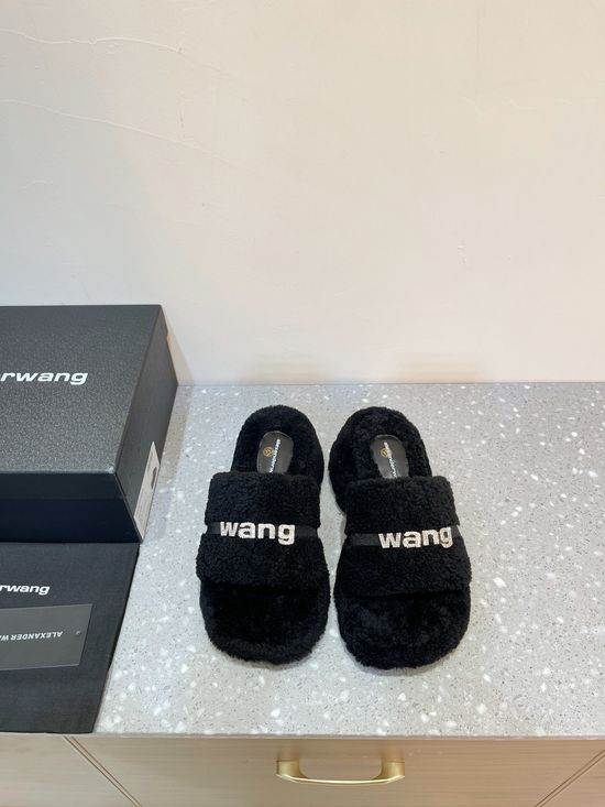 Alexander Wang Soft Curly Lamb Fur Rhinestone Buckle Flat Slippers