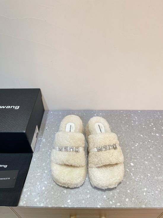 Alexander Wang Soft Curly Lamb Fur Rhinestone Buckle Flat Slippers