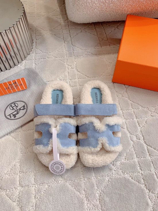 Hermes Warm Fuzzy Slippers Soft Comfortable Leather Upper Wool Lined