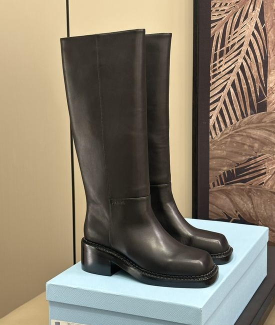 Prada Square Toe Knee-high Leather Boots Chunky Heel Elegant Leg-lengthening