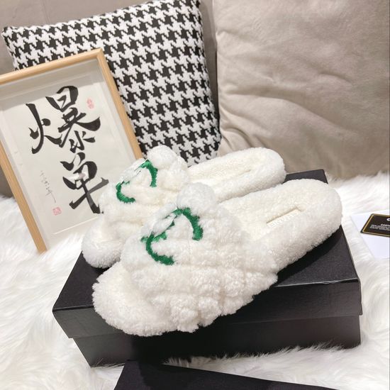 Chanel 3D Embroidered Lamb Wool Anti-slip Warm Slippers