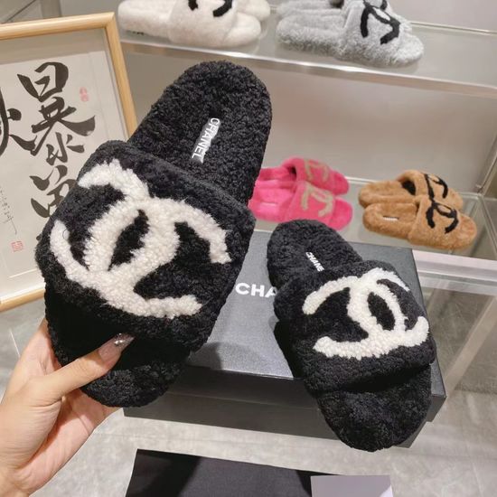 Chanel Genuine Lamb Wool Non-slip Casual House Slippers