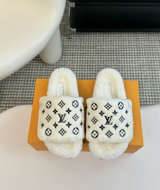 Louis Vuitton LV Cozy Wool Fuzzy Slippers Anti Slip Rubber Sole