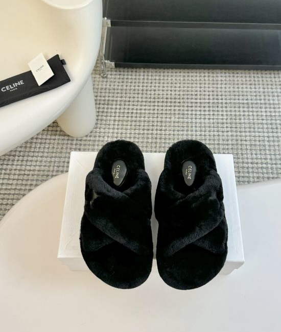 Celine Wool Lined Platform Slip On Slippers Non Slip Sole