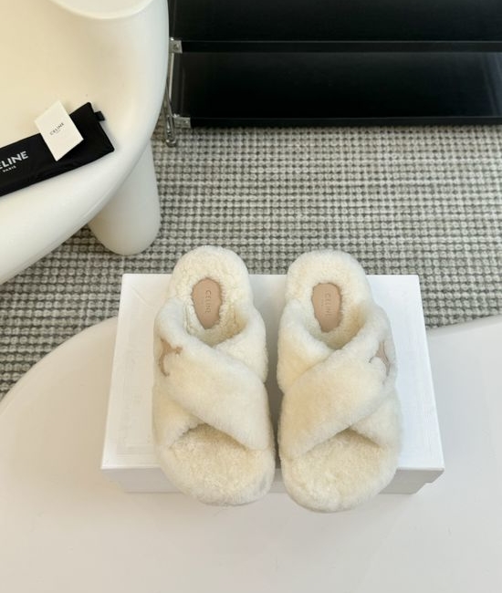 Celine Wool Lined Platform Slip On Slippers Non Slip Sole