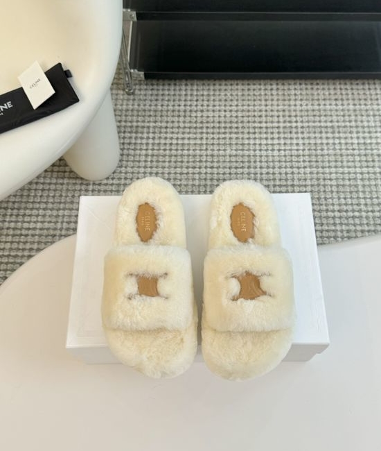 Celine Wool Lined Platform Slip On Slippers Non Slip Sole