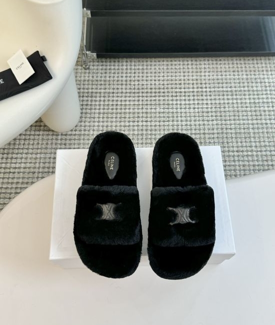 Celine Wool Lined Platform Slip On Slippers Non Slip Sole