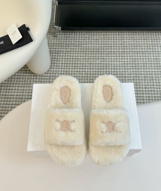 Celine Wool Lined Platform Slip On Slippers Non Slip Sole