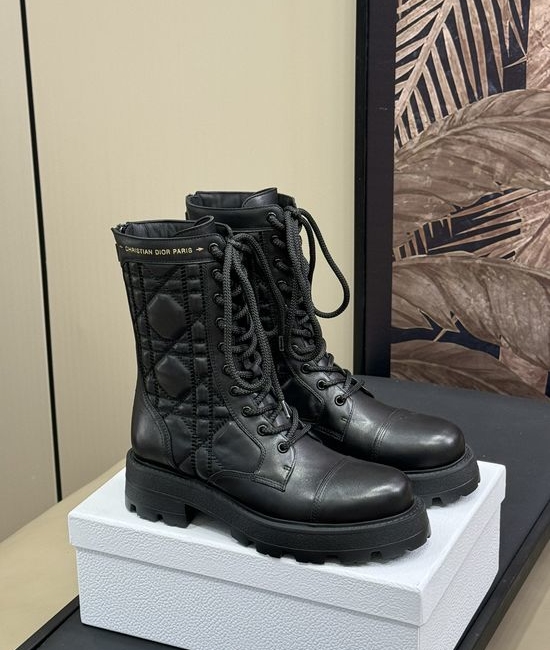 Christian Dior CD Embroidered Check Pattern Leather Ankle Boots