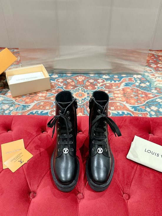 Louis Vuitton Genuine Leather Lace-up Ankle Boots Stitching Decor Non-slip Sole