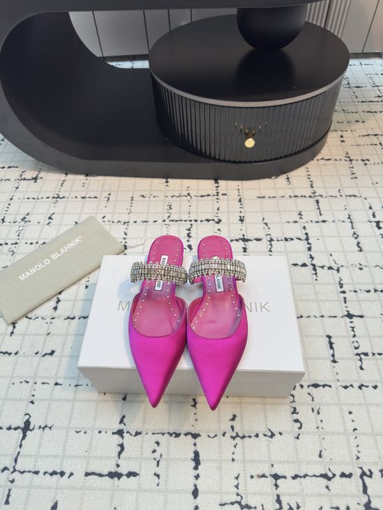 Manolo Blahnik Rhinestone Embellished Silk Mule Flat Shoes