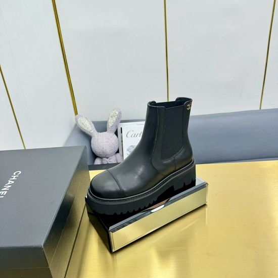 Chanel Genuine Leather Pointed Ankle Boots with Decorative Buckle