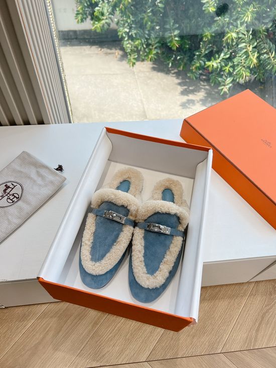 Hermes Fleece Lined Slip On Curly Fur Mule Slippers