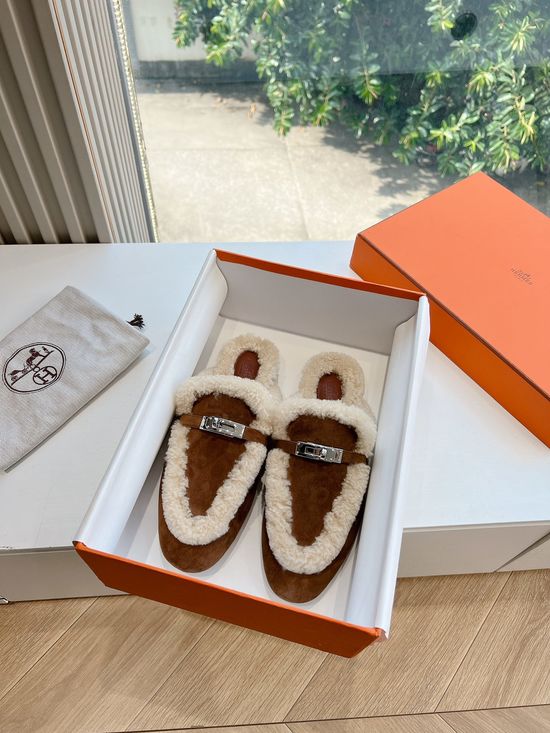 Hermes Fleece Lined Slip On Curly Fur Mule Slippers