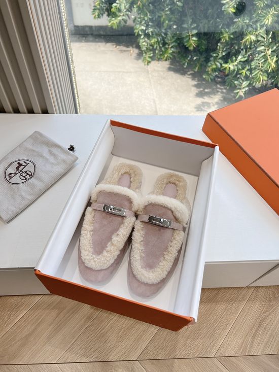 Hermes Fleece Lined Slip On Curly Fur Mule Slippers