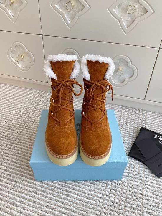 Prada Warm Plush Lined Platform Ankle Boots with Logo Detail