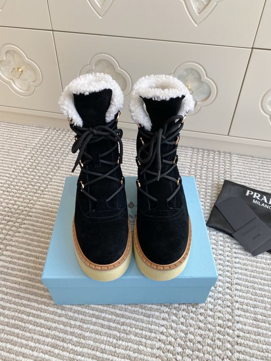 Prada Warm Plush Lined Platform Ankle Boots with Logo Detail