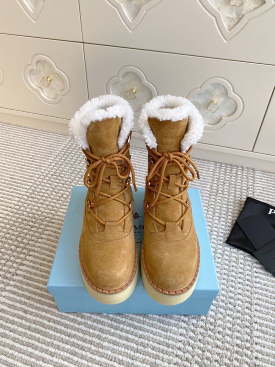 Prada Warm Plush Lined Platform Ankle Boots with Logo Detail
