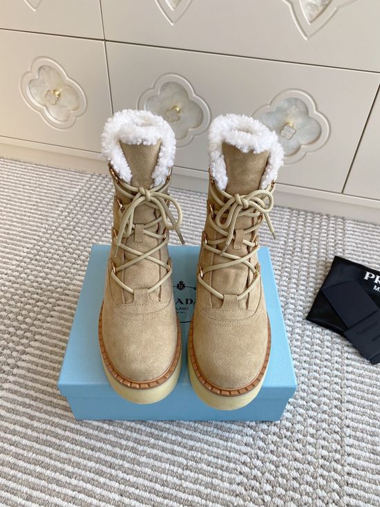 Prada Warm Plush Lined Platform Ankle Boots with Logo Detail