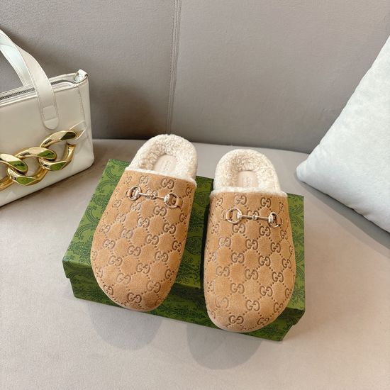 Gucci Wool Lined Suede Clogs with Decorative Metal Accent