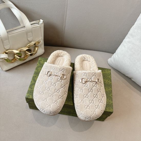 Gucci Wool Lined Suede Clogs with Decorative Metal Accent