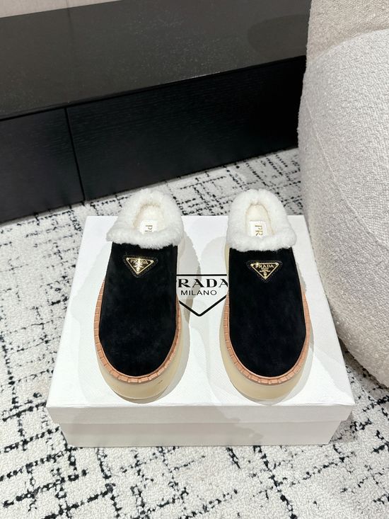Prada Suede Platform Shearling Lined Mule Slippers Anti Slip