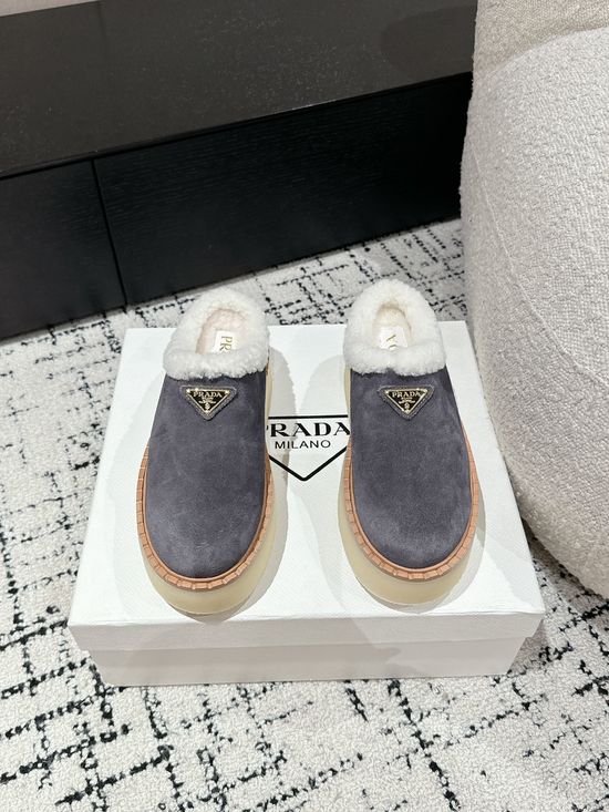 Prada Suede Platform Shearling Lined Mule Slippers Anti Slip