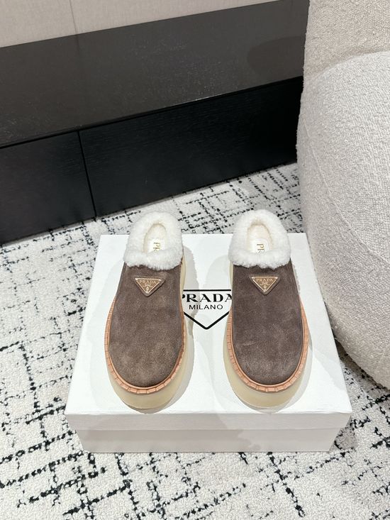 Prada Suede Platform Shearling Lined Mule Slippers Anti Slip