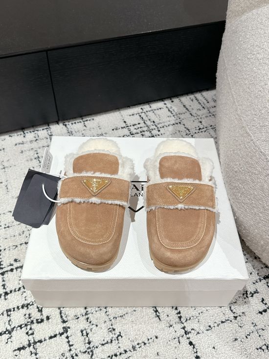 Prada Suede Shearling Lined Slide Slippers Anti Slip Sole