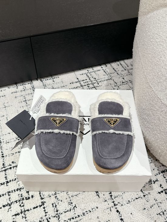 Prada Suede Shearling Lined Slide Slippers Anti Slip Sole