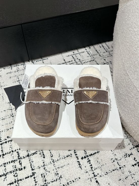 Prada Suede Shearling Lined Slide Slippers Anti Slip Sole