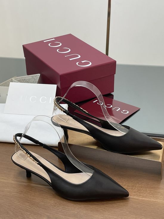 Gucci Chain Strap Kitten Heel Sandals Premium Leather Upper
