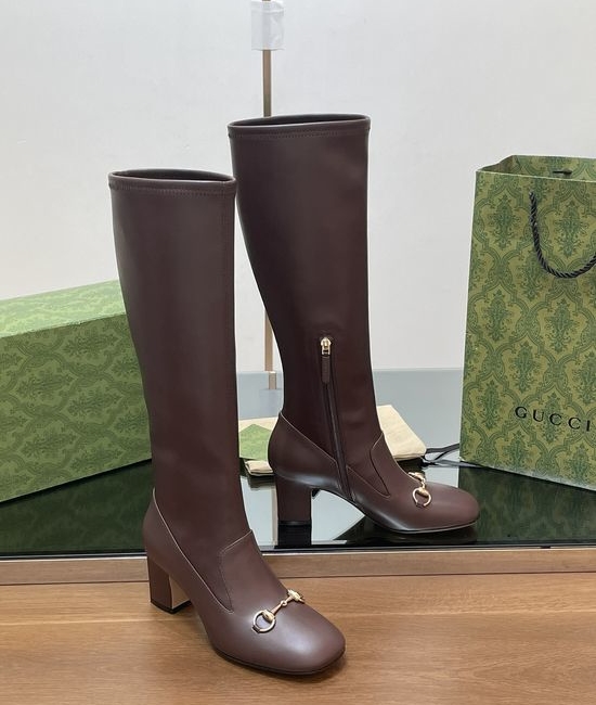 Gucci Knee High Leather Horsebit Boots Slim Leg Chunky Heel