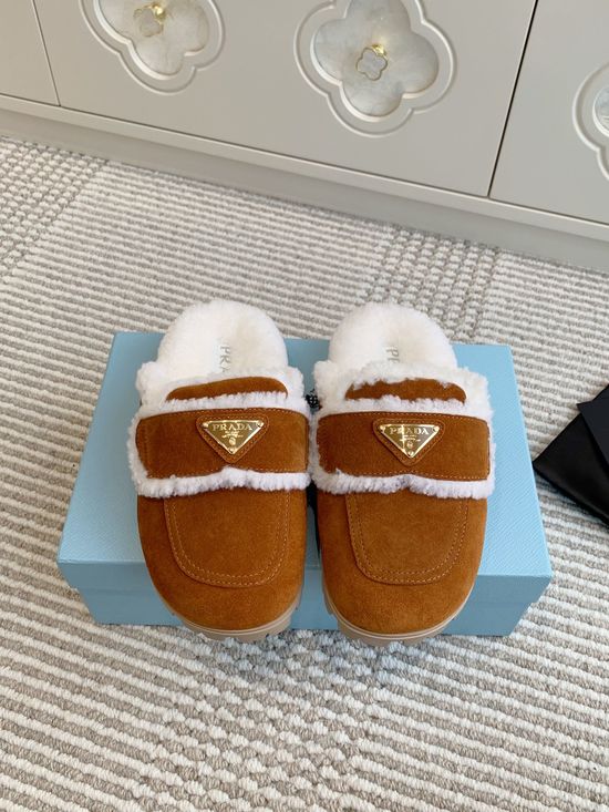 Prada Shearling Lined Platform Mule Slippers Soft Warm Shoes