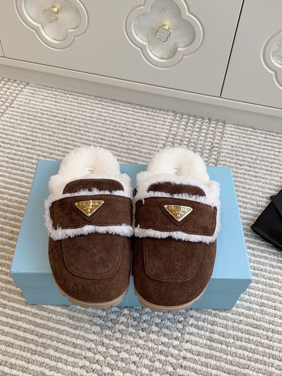 Prada Shearling Lined Platform Mule Slippers Soft Warm Shoes