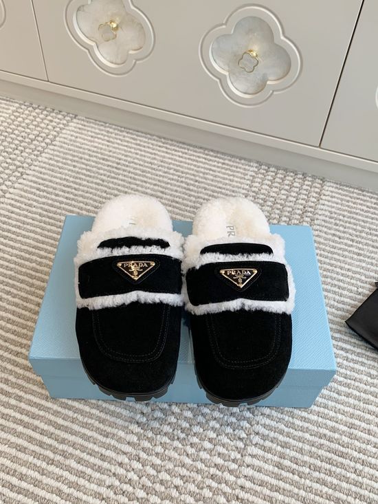Prada Shearling Lined Platform Mule Slippers Soft Warm Shoes